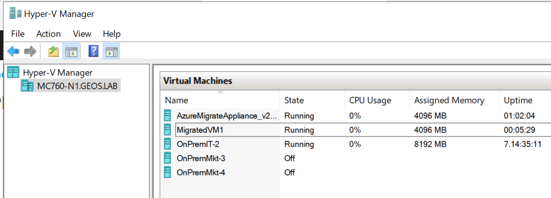 MigratedVM1 in Hyper-V Manager